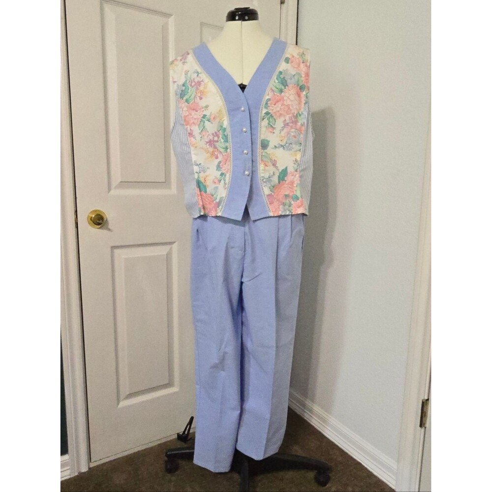 VTG Napa Valley Pastel Floral Blue Two Piece Set Size Large Pants Vest Grandma - Picture 10 of 12